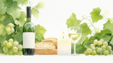 a watercolor illustration depicts a still life composition centered around a glass of a white beverage, a bottle with a blank label, and a candle with a lit flame