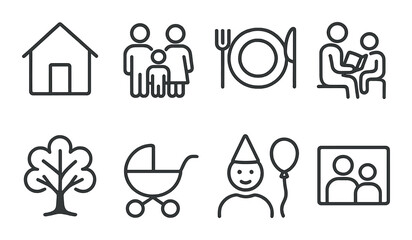 Family life icons set – outline, home and parenting design elements