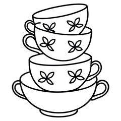 Stack of teacups with floral pattern line art