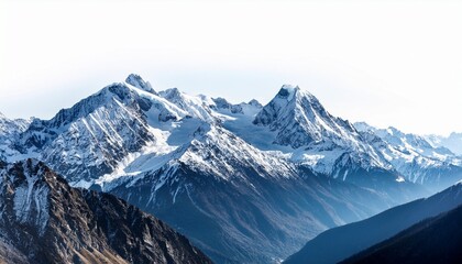 majestic mountain range with snow capped peaks against stark white background