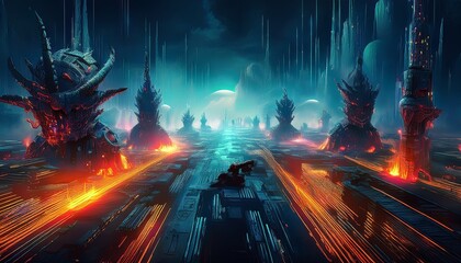 abstract digital battlefield glowing code ai virus attacking network war digital transformation