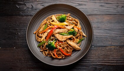 stir fried udon noodles with chicken assorted vegetables and glossy teriyaki sauce served on a dark wood surface udon wood