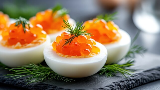 This striking image features gourmet deviled eggs topped with glistening caviar, beautifully presented on a slate platter, showcasing refined culinary artistry and exquisite flavor combinations.
