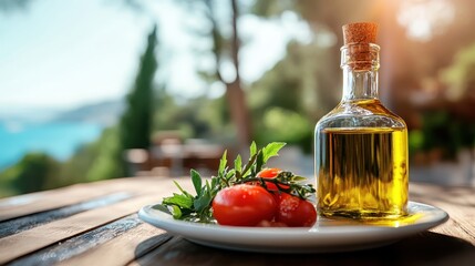 Obraz premium An inviting setup featuring a bottle of olive oil alongside ripe tomatoes and fresh herbs, perfectly embodying the beauty of healthy Mediterranean cuisine.