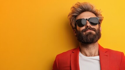 Obraz premium A stylish man in sunglasses poses confidently against a bright background, showcasing a modern, urban aesthetic that embodies confidence and contemporary fashion.