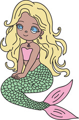 Mermaid colorful pastel colors vector illustration Hand-drawn cartoon character Great for books, greeting cards, educational material, kids party invitations