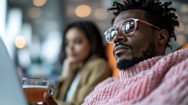 A fashionable man with glasses sits comfortably, sipping tea while looking thoughtful, reflecting modern lifestyle, style, and contemplative moments within a cozy café atmosphere. - Powered by Adobe