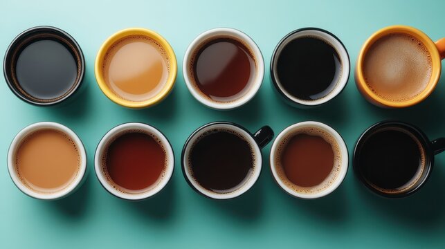 An array of coffee cups showcasing various blends and styles, representing diverse preferences and the comforting ritual of savoring warm beverages.