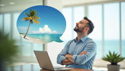 a man in an office with his eyes closed at a desk dreaming of a vacation, the sea, palm trees, and the sun