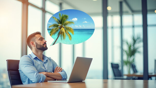 a man in an office with his eyes closed at a desk dreaming of a vacation, the sea, palm trees, and the sun