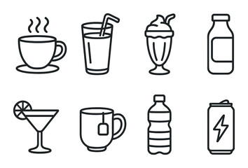 Colorful beverage icons set – outline, drink and refreshment symbols for design