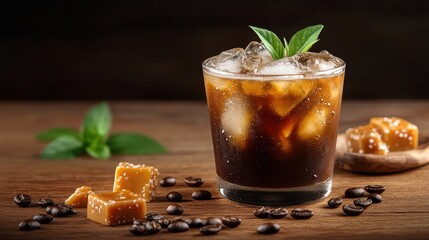 A refreshing glass of iced coffee adorned with caramel cubes and mint leaves, perfect for showcasing chilled beverages with an inviting appearance and detailing.