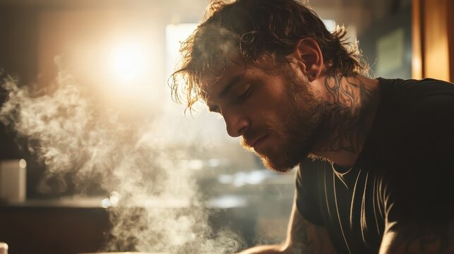 A contemplative man with tattoos looks downwards, surrounded by a warm, smoky ambiance, evoking a sense of introspection and creativity in an artistic kitchen setting. - Powered by Adobe