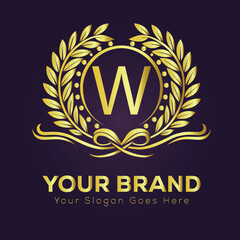 Golden laurel wreath vector icon: W vintage design element symbolizing anniversary, success, or premium quality