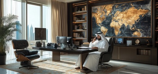 Arab Businessman in Luxurious Office with World Map