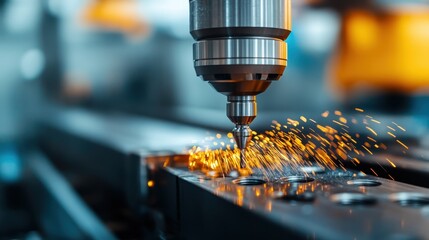 A dramatic close-up of a precise cutting tool creating sparks on a metal surface, embodying the gritty essence of industrial work and showcasing human ingenuity in manufacturing.