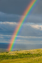 Vibrant rainbow arches across the expansive landscapes of Rainbow Mountain in Sweden during a serene afternoon