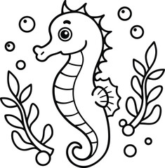Fototapeta premium Cute Seahorse Coloring Page for Kids, Black and White Underwater Seahorse Illustration, Seahorse with Seaweed and Bubbles Outline Drawing.