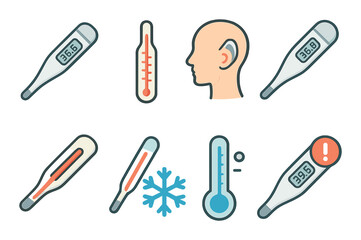 Thermometer and health icons set – outline, temperature and medical symbols