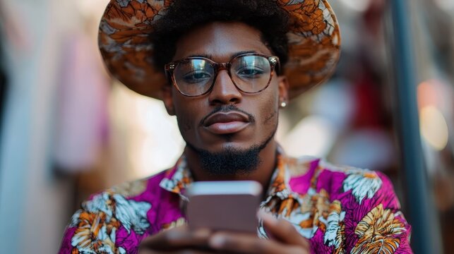 A stylish young man with glasses and a patterned shirt is intently using his smartphone outdoors, showcasing a vibrant and fashionable lifestyle in the modern age.