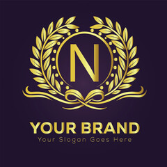 Golden laurel wreath emblem on a vintage shield for N royal award design