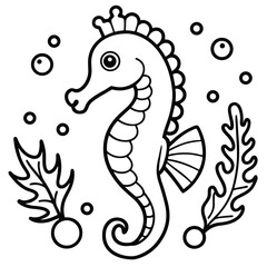 Fototapeta premium Cute Seahorse Coloring Page for Kids, Black and White Underwater Seahorse Illustration, Seahorse with Seaweed and Bubbles Outline Drawing.