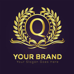 Golden laurel wreath vector illustration featuring Q vintage floral frame design, perfect for a royal emblem or decorative border