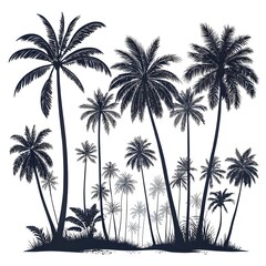 Tropical palm tree silhouettes, arranged against a white background, evoke serenity and tranquility, with soft shadows adding depth and simplicity.
