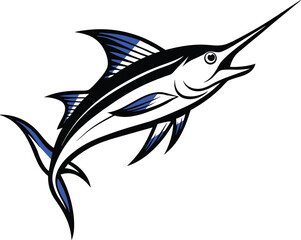 Marlin Fish Vector Logo Illustration, Swordfish Jumping Isolated Clipart Design, Sport Fishing Marlin Icon Graphic.