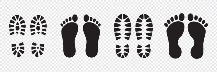 Different human footprints. Imprint soles shoe silhouette. adults steps Flat style collection. Human footprints icon set.