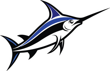 Marlin Fish Vector Logo Illustration, Swordfish Jumping Isolated Clipart Design, Sport Fishing Marlin Icon Graphic.
