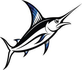 Marlin Fish Vector Logo Illustration, Swordfish Jumping Isolated Clipart Design, Sport Fishing Marlin Icon Graphic.