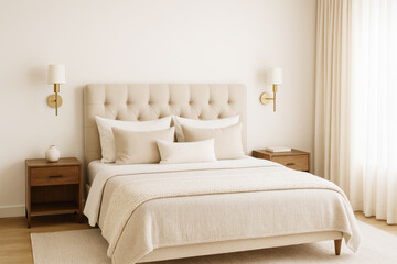 Cozy Bedroom With Neutral Tones Featuring Plush Bedding, Stylish Lamps, and Warm Wooden Accents in a Sunlit Setting