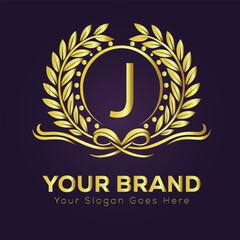 Golden laurel wreath award emblem with shield, J vintage vector illustration of a royal crest design