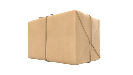 A simple brown package wrapped with twine, typically used for shipping or storage.