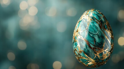 A stunning turquoise egg adorned with elegant golden veins captures an artistic flair, symbolizing beauty and sophistication, perfect for an artistic collection or decor.