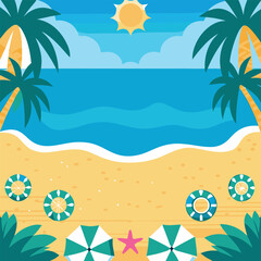 Tropical Beach Landscape Vector Illustration, Summer Coastline with Palm Trees and Sea View, Colorful Seaside Nature Scene with Sailboats.
