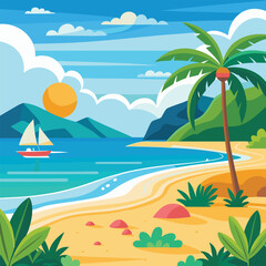 Obraz premium Tropical Beach Landscape Vector Illustration, Summer Coastline with Palm Trees and Sea View, Colorful Seaside Nature Scene with Sailboats.