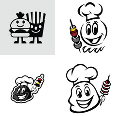 Delightful Cartoon Chef Characters  Burger, Fries, and Kebabs Illustrations