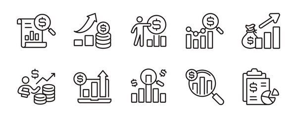 financial report icon line set business earning growth chart bar vector accounting performance analysis evaluation signs outline illustration