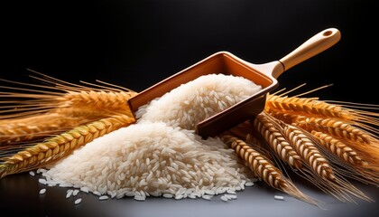 close up of delicate rice grains with a dustpan and wheat in the middle ground shot against a black background this high quality image is perfect for food ads and grain