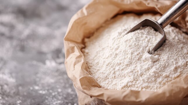 A close-up image of a bag of flour with a scoop, highlighting the essential ingredient in baking and cooking, representing creativity and the joy of culinary arts.