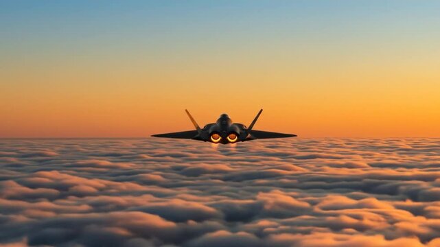 Fighter jet soaring above clouds at sunset
