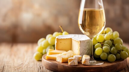 A charming setup featuring a wine glass, an assortment of cheeses, and fresh grapes on a wooden board, creating an inviting ambiance for wine lovers and gourmet enthusiasts alike.
