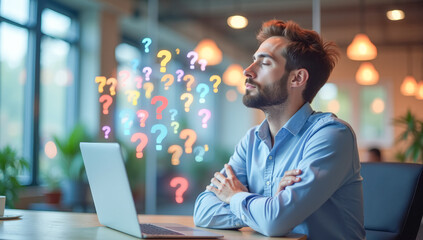 a man in an office is sitting with his eyes closed in front of a laptop with question marks around his head in space