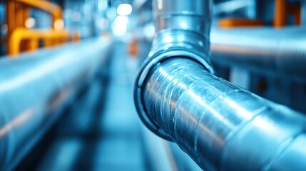 This image showcases a close-up of shiny metal pipes in a factory, highlighting the intricate design and engineering involved in modern industrial setups.