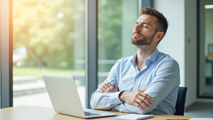 a man in an office is sitting with his eyes closed in front of a laptop