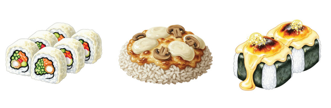 A watercolor compilation of innovative rice-based dishes, featuring classic sushi rolls with colorful fillings, a rice dish topped with creamy mushrooms, and unique baked sushi with a rich sauce