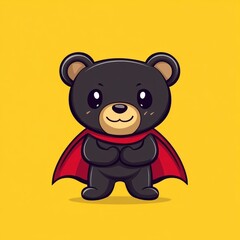 Fototapeta premium Cute black bear superhero on yellow background