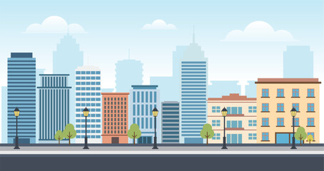 Obraz premium Flat Vector City Street with Modern Buildings, Trees, Street Lamps, and Urban Skyline in Daytime Scene